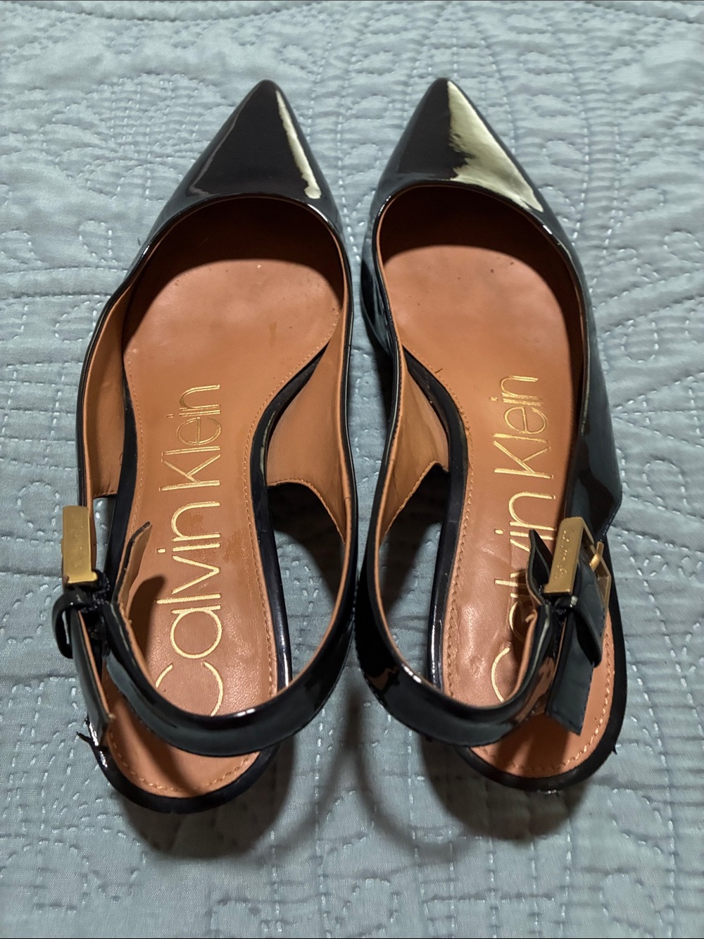 Calvin Klein Black Patent Pointed Slingback Heels with Gold Buckle - Picture 2 of 6